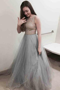 2024 Scoop A-Line Prom Dress Floor-Length Tulle With Sequins