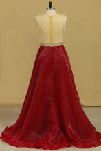 Load image into Gallery viewer, 2024 Scoop A Line Prom Dresses Organza With Sash &amp; Applique Burgundy/Maroon