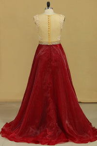 2024 Scoop A Line Prom Dresses Organza With Sash & Applique Burgundy/Maroon