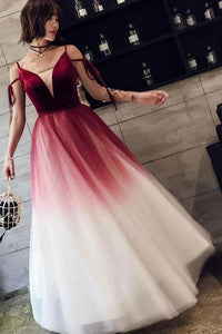 A Line Spaghetti Straps Ombre Long Tulle Prom Dresses, Burgundy V Neck Evening Dress SRS15029