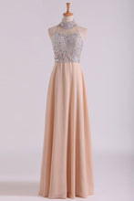 Load image into Gallery viewer, 2024 High Neck Prom Dresses A Line Chiffon With Beading Sweep Train