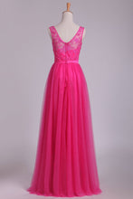 Load image into Gallery viewer, 2023 Bridesmaid Dresses V Neck A Line With Embroidery And Sash Tulle