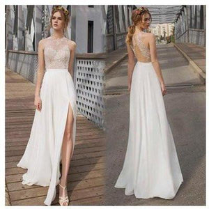 White Side Split Prom Dress Open Back Bridesmaid Dresses Beach Wedding Dress RS548