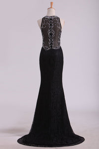 2024 New Arrival Scoop Prom Dresses Mermaid Beaded Bodice Sweep Train Lace