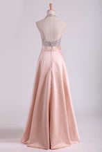 Load image into Gallery viewer, 2024 Open Back Halter Prom Dresses Beaded Bodice Satin Floor-Length