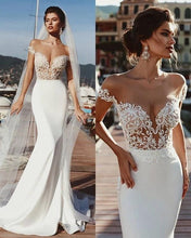 Load image into Gallery viewer, Stunning Mermaid Cap Sleeve Sheer Neck Long Wedding Dresses Beach Wedding Gowns SRS15437
