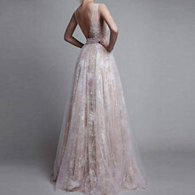 Load image into Gallery viewer, 2024 Long Sexy Deep V-Neck Tulle Lace Appliques Floor-Length A-Line Party Prom Dress RS122