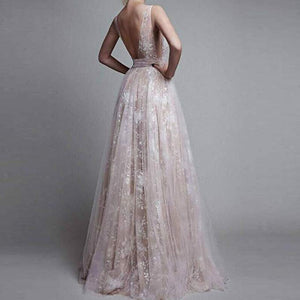 2024 Long Sexy Deep V-Neck Tulle Lace Appliques Floor-Length A-Line Party Prom Dress RS122