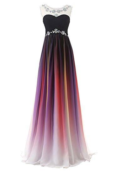 A-line Long Ombre Scoop Cap Sleeve Open Back Chiffon Bridesmaid Dresses Prom Dresses RS16