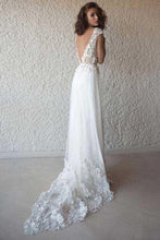 Load image into Gallery viewer, A-Line V-Neck Cap Sleeves Tulle Beach Wedding Dresses With Appliques