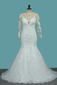 2024 Lace Mermaid V Neck Long Sleeve Wedding Dresses With Applique