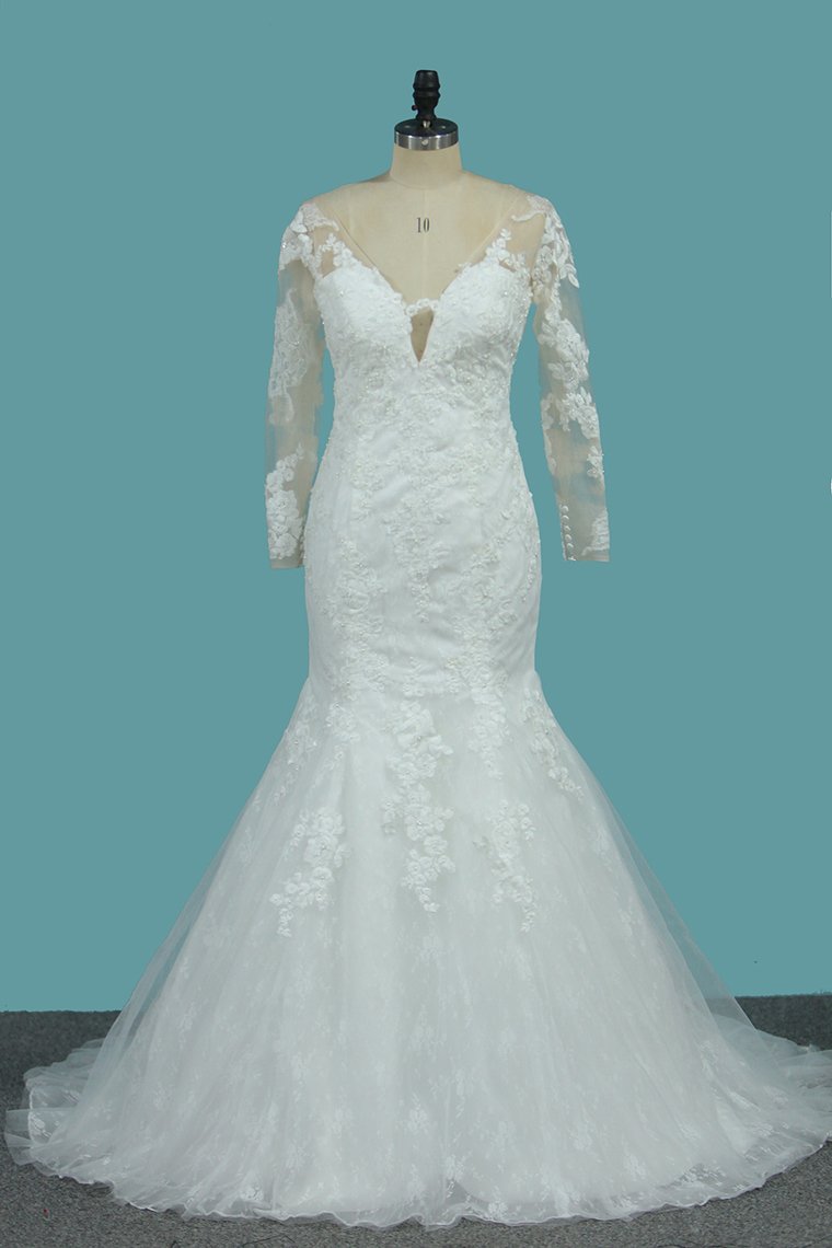 2024 Lace Mermaid V Neck Long Sleeve Wedding Dresses With Applique