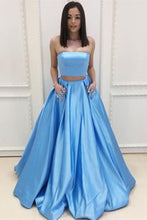 Load image into Gallery viewer, Pretty 2 Pieces Long A-Line Blue Strapless Prom Dresses With Pockets