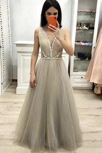 Deep V Neck Sleeveless Floor Length Prom Dress With Beading A Line Tulle Long SRSPDHY22YC