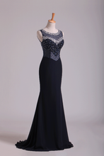 Load image into Gallery viewer, 2023 Scoop Open Back Beaded Bodice Floor Length Chiffon Prom Dresses Black