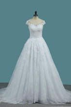 Load image into Gallery viewer, 2024 Tulle Scoop A Line Wedding Dresses With Applique And Beads Court Train
