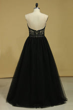 Load image into Gallery viewer, 2024 Plus Size Black A Line Prom Dresses Sweetheart Tulle With Applique &amp; Beads Floor Length