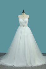 Load image into Gallery viewer, 2024 A Line Tulle V Neck With Beads And Ruffles Open Back Wedding Dresses