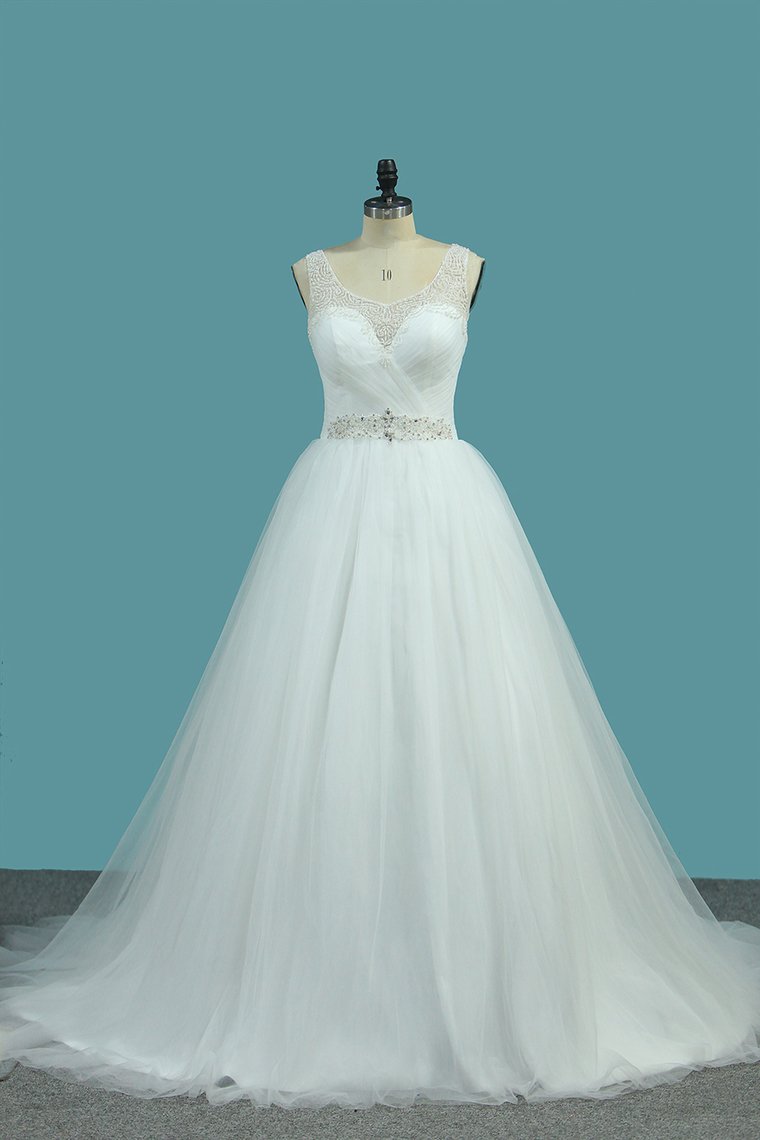 2024 A Line Tulle V Neck With Beads And Ruffles Open Back Wedding Dresses