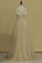 Load image into Gallery viewer, 2023 A Line V Neck Open Back Bridesmaid Dresses Ruched Bodice Tulle Floor Length