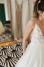 Load image into Gallery viewer, A-Line Spaghetti Straps V-Neck Floor Length Ivory Long Beach Wedding Dresses