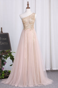 2023 One Shoulder Tulle & Sequin With Slit Prom Dresses