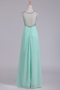 2024 Mint Scoop A Line Prom Dresses Chiffon With Beads & Ruffles Floor Length