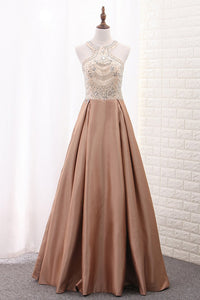 2024 A Line Scoop Satin Prom Dresses With Beads Sweep Train