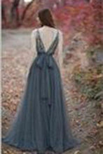 Load image into Gallery viewer, V-Back Tulle Gray Charming Popular Pretty Evening Long Prom Dresses Online PD0140