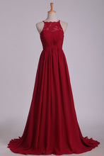 Load image into Gallery viewer, 2024 A Line Scoop Prom Dresses Chiffon With Ruffles And Slit