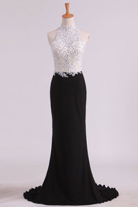 2024 Bicolor Prom Dresses High Neck Sheath With Applique & Beads Sweep/Brush Train