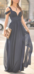 Navy Blue Off-The-Shoulder Long Chiffon Formal With Straps Sleeves Modest Bridesmaid Gown RS77