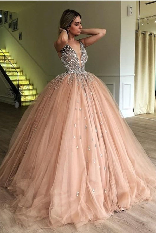 Gorgeous Deep V Neck Prom Dresses Tulle Ball Gown with Beading