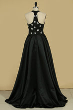 Load image into Gallery viewer, 2024 A Line High Neck Satin With Beading Sweep Train Prom Dresses