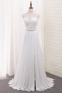 2024 A Line Chiffon Sweetheart Wedding Dresses With Applique And Slit