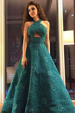 Load image into Gallery viewer, Unique A Line Green Halter Beading Satin Long Prom Dresses, Cheap Evening Dresses SRS15451