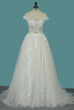 Load image into Gallery viewer, 2024 A Line Tulle Wedding Dresses Scoop Cap Sleeve With Applique