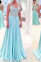 Load image into Gallery viewer, See Through Sexy Blue Sweetheart Sleeveless A-Line Chiffon Appliques Long Prom Dresses RS944