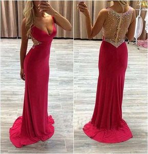 See Through Sexy Red Long Cheap V-Neck Beads Sleeveless Mermaid Prom Dresses RS953