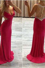 Load image into Gallery viewer, See Through Sexy Red Long Cheap V-Neck Beads Sleeveless Mermaid Prom Dresses RS953