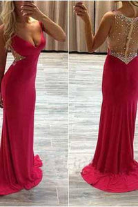 See Through Sexy Red Long Cheap V-Neck Beads Sleeveless Mermaid Prom Dresses RS953