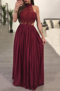 2024 High Neck A Line Chiffon & Lace Floor Length Prom Dresses
