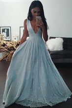Load image into Gallery viewer, Sky Blue Sleeveless V-neck Long Prom Dresses Uk BD0405