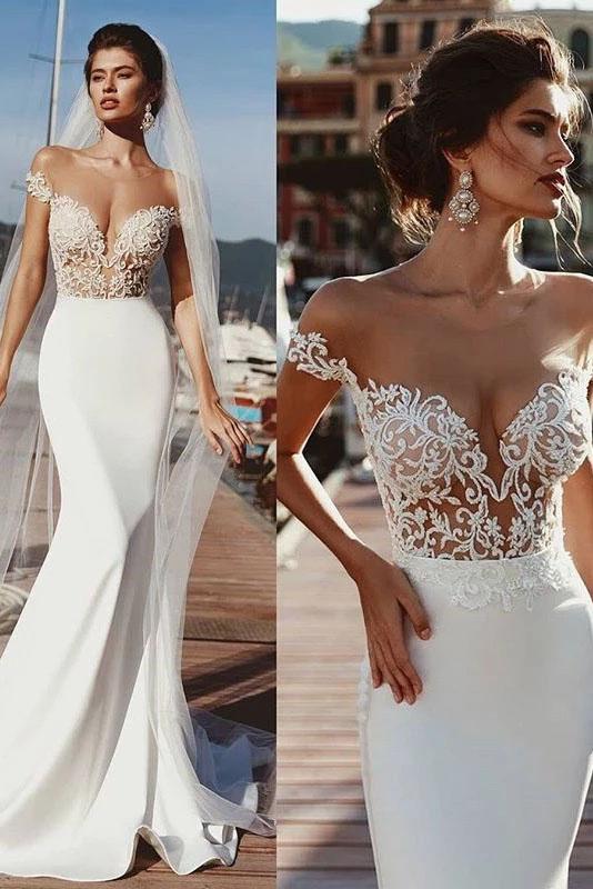 Stunning Mermaid Cap Sleeve Sheer Neck Long Wedding Dresses Beach Wedding Gowns SRS15437