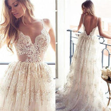 Load image into Gallery viewer, Lace A Line Sexy Spaghetti Straps Backless Beach Vintage Illusion Wedding Dresses RS349