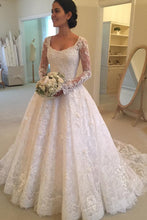 Load image into Gallery viewer, 2023 Long Sleeves Scoop Tulle With Applique A Line Court Train Wedding Dresses