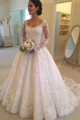2023 Long Sleeves Scoop Tulle With Applique A Line Court Train Wedding Dresses