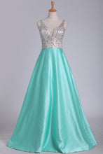 Load image into Gallery viewer, 2024 A Line V Neck Open Back Prom Dresses Beaded Bodice Satin