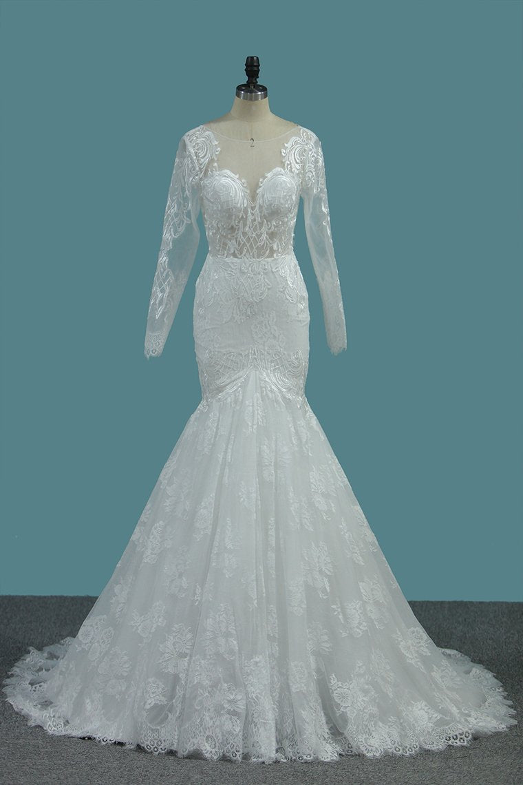 2023 Tulle Mermaid Wedding Dresses Scoop Long Sleeves With Applique