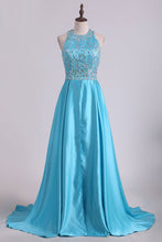 Load image into Gallery viewer, 2024 Scoop Beaded Bodice Open Back A Line Satin Prom Dresses